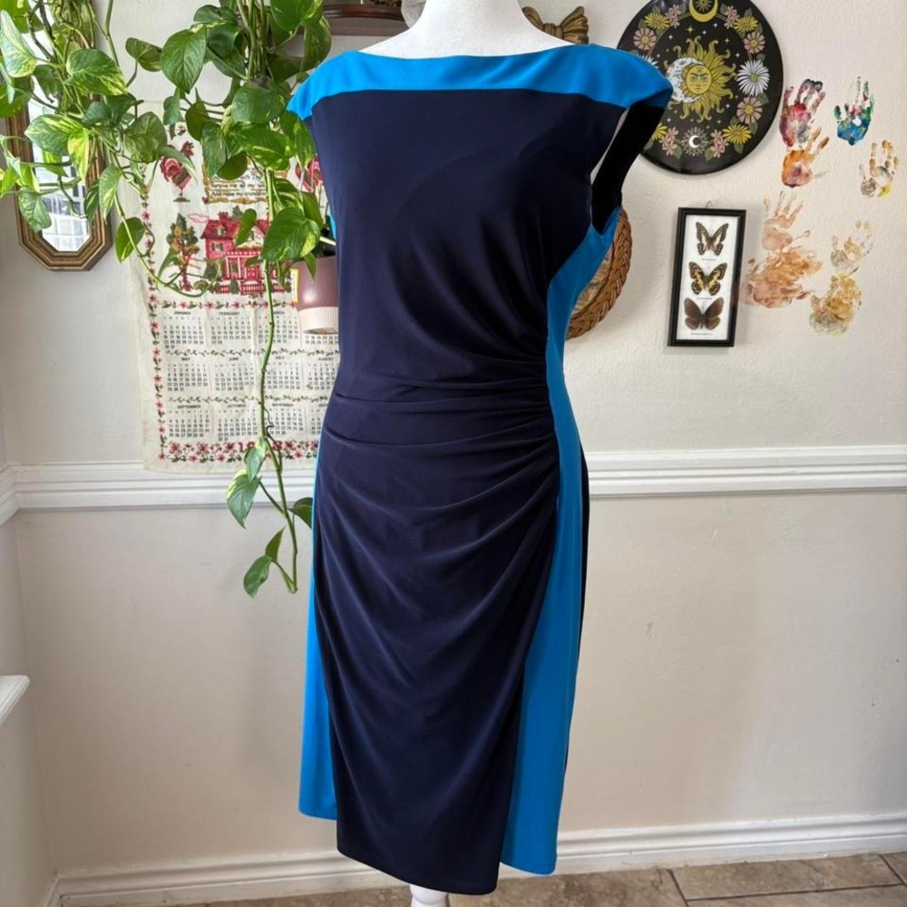 Vintage Ralph Lauren Women's Fitted Dress‎ Size 8 Stretch Blue Ruched Formal